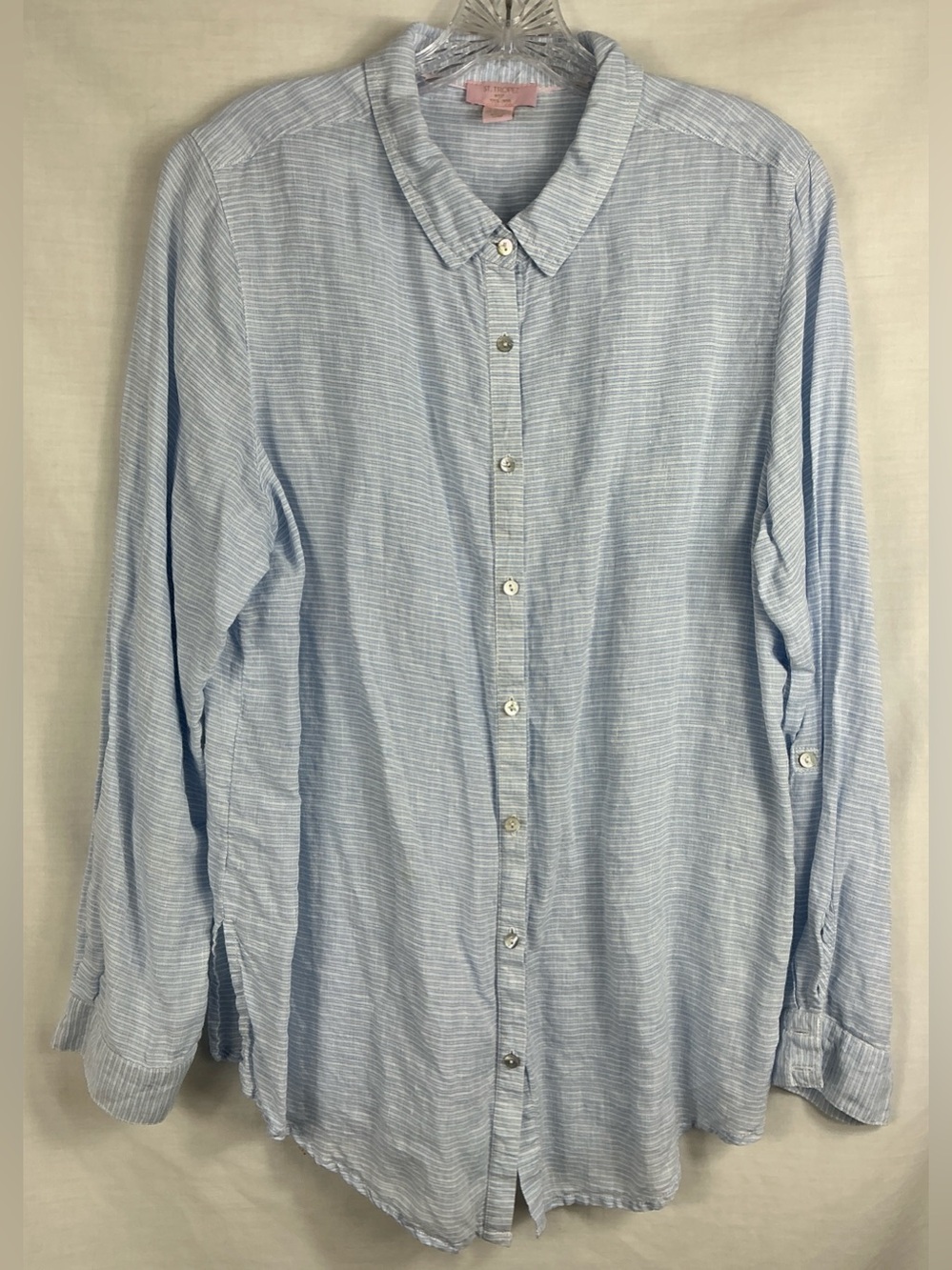 ST. TROPEZ WEST 100% Linen Blue / White Striped Button Down Shirt Womens XL
